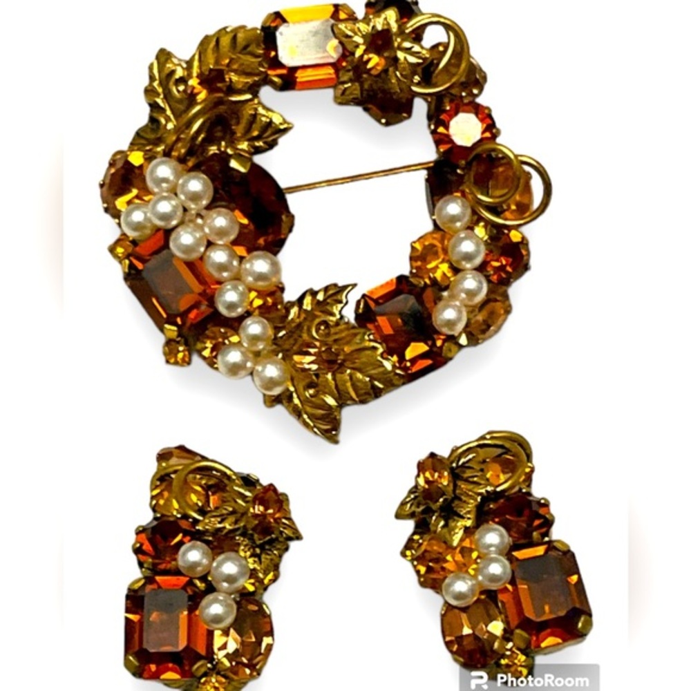 Vintage Fall Brooch Made in Austria Amber Leaves with Matching Clip on Earrings